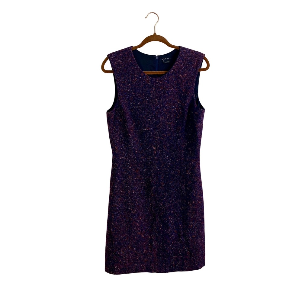 Theory Franita Varro Purple Tweed Wool Blend Sleeveless Dress Quiet Luxury Sz 12